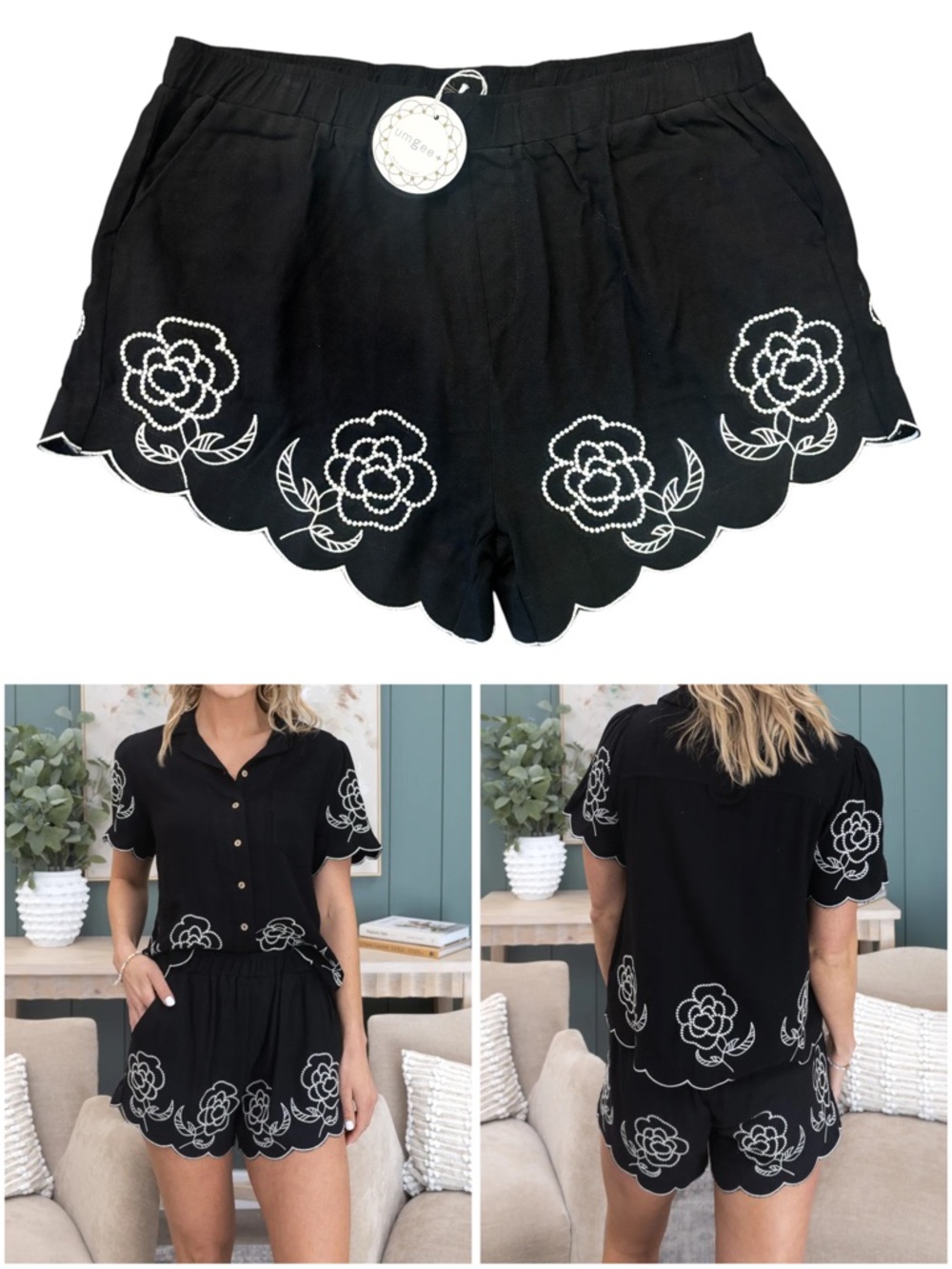 Umgee Black Scallop Hem Floral Embroidered Shorts 2XL